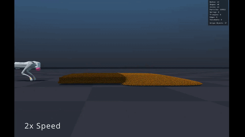 Quadruped robot walking through simulated mud in an MPM environment